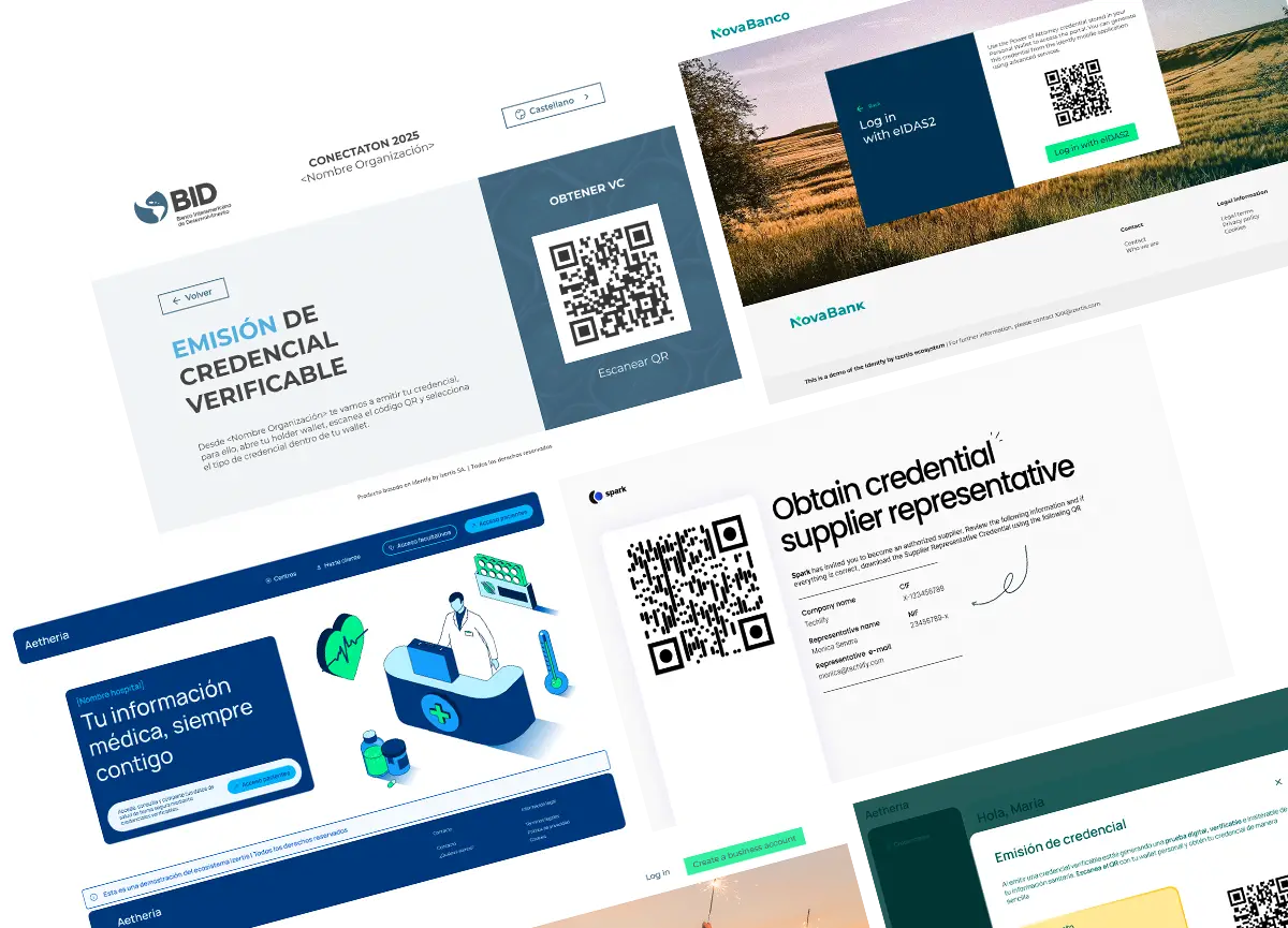 Real screens from the Identfy ecosystem: credential issuance, eIDAS2 login, and sector wallets